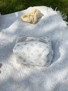 Cute Bear Print Fluffy & Soft Makeup Bag, Zipper Cosmetic Bag, Large Capacity Plaid Toiletry Bag, Travel Skincare & Cosmetics Organizer, Essential For Travel, Vacation, Back To School - Baby Blue - View 10