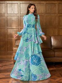 Faeriesty Druck elegantes Chiffonabendkleid mit Blumendrucken, hoher Kragen Glockenärmel - Geschichtetes Rüschenoberteil, perfekt für boho Gartenhochzeiten, vintage Braut-Bankette und rote Teppich Auftritte