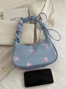 1 件浅蓝色尼龙面料光滑拉链花卉印花抽绳肩带设计时尚百搭休闲新款夏季小号独特单肩包，适合女性日常使用 - 藍色 - 查看 9
