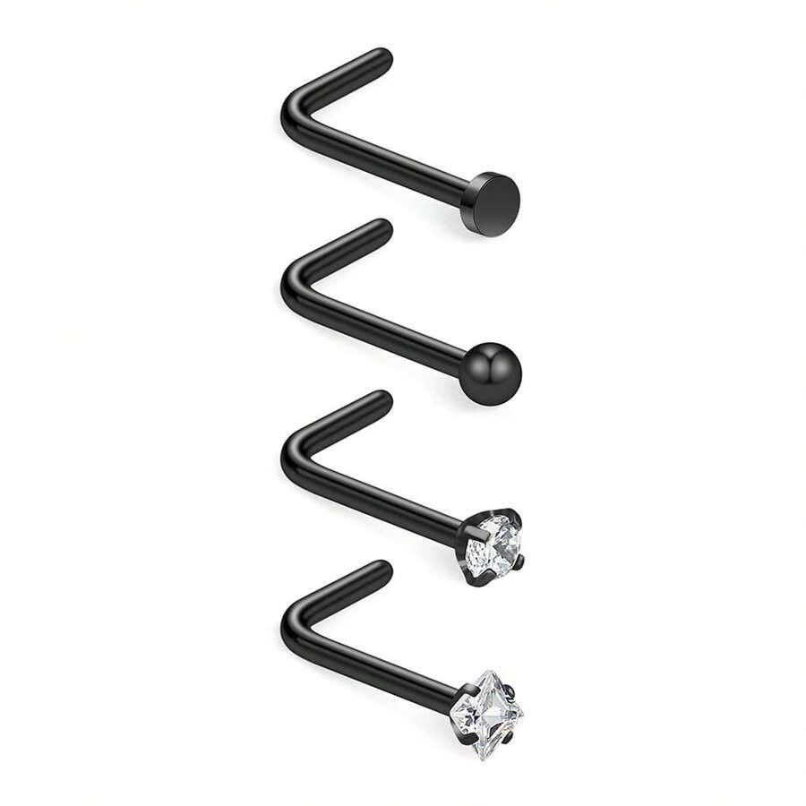 4pcs European And American Personality 20G Flat Ball Transparent Diamond L-Shaped 316 Steel Piercing Piercing Nails - 黑色 - 查看 1