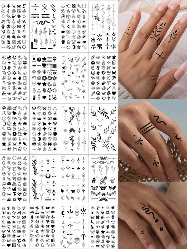 20 feuilles de tatouages temporaires pour les mains et les doigts pour femmes. Petits tatouages au henné imperméables, motifs mignons de fleurs, papillons, feuilles, étoiles, lune, cœur et mini-motifs. Stickers de tatouage pour le bras et le visage, style simple.