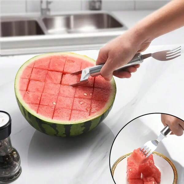 1pc 2-In-1 Stainless Steel Watermelon Slicer - Cutting Fork Integrated Tool, Manual Portable Fruit Cutting Utensil, Multi-Function Cubing & Dicing Tool For Watermelon, Mango, Essential Kitchen Gadget For Home Use, Picnics, Stylish Metal Appearance, Durable Kitchen Tool
