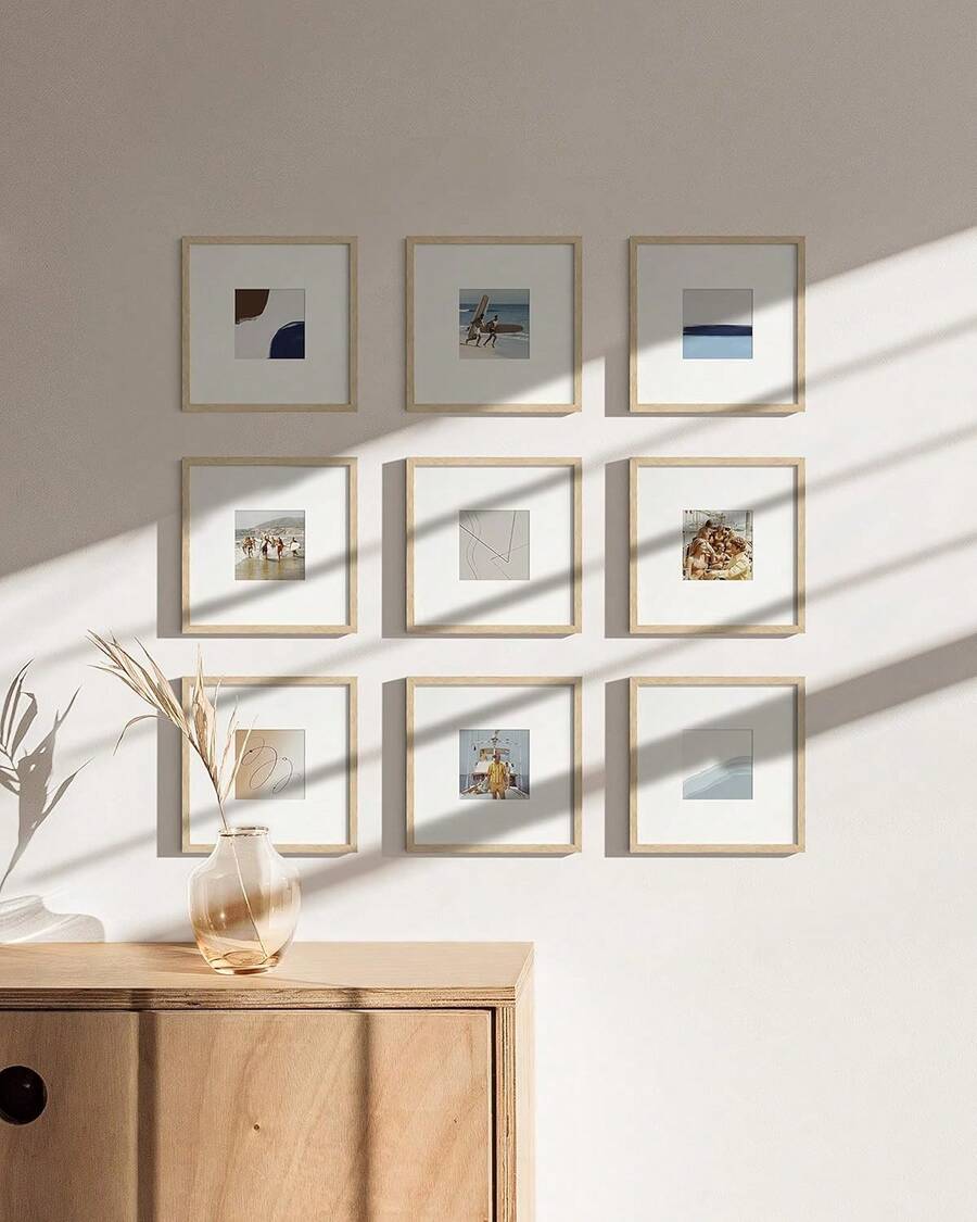 Square Picture Frames - 8x8 Set Of 25, Wooden Frames With Mat, Beige Oak Finish - 薄荷藍 - 查看 1