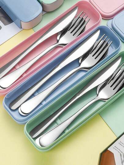 Juego de 3 piezas de cubiertos reutilizables de acero inoxidable, portátil para picnic, camping, viajes, trabajo, actividades al aire libre, cocina, comedor, estudiantes, viajes, camping, oficina, regalo de vacaciones