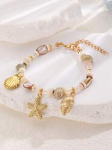 1 Peça Pulseira Feminina com Decoração de Conchas Marinhas, Estrelas-do-mar e Contas, em Estilo Praia de Verão, Elementos Oceânicos da Moda Adequados para Praia, Férias, Festa, Uso em Festivais de Música