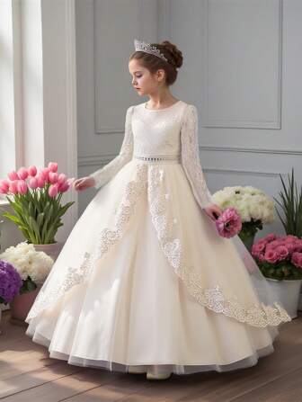 蕾丝长袖刺绣网纱优雅日间派对连衣裙，适合年轻女孩，也适合生日派对，不含头饰