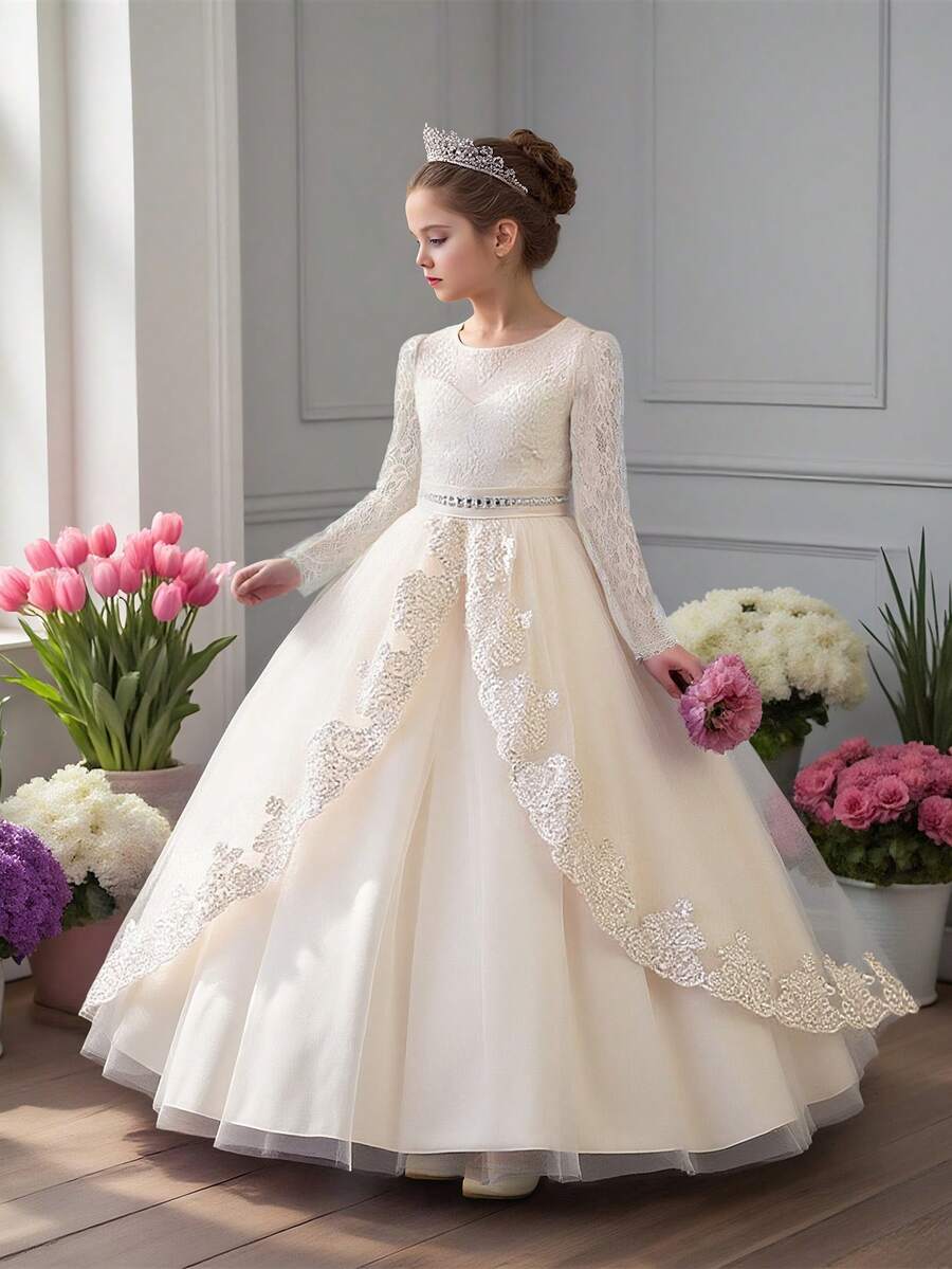 Đầm dự tiệc ren tay dài thêu lưới thanh lịch cho bé gái, thích hợp cho tiệc sinh nhật, không bao gồm băng đô - Rượu sâm banh - Xem 1