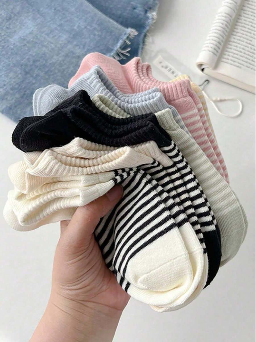5 Pairs Women Stripe Pattern Mid-Calf Socks, Suitable For All Seasons, Random Color - Multicolor - View 1