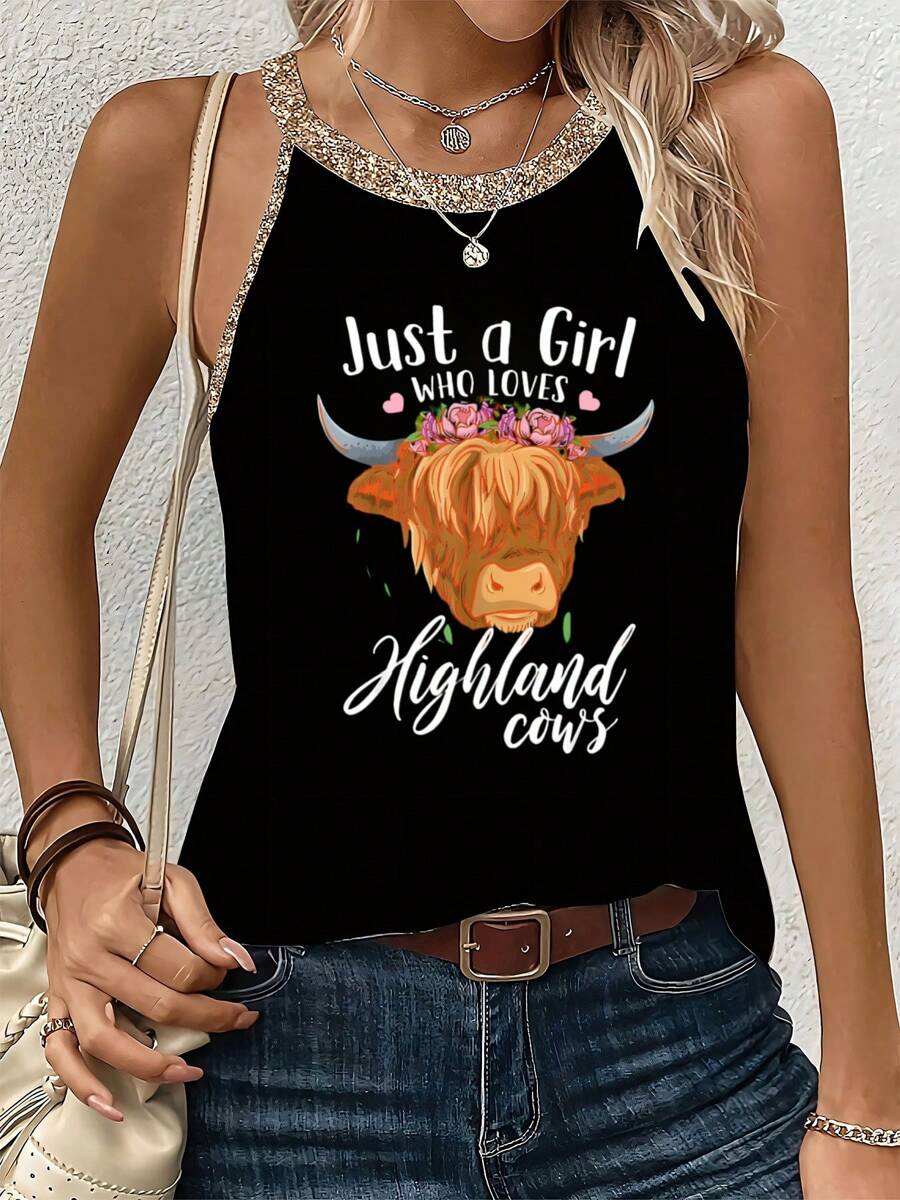 'Just A Girl WHO LOVES Highland Cows' With Highland Cow Graphic Print Women's Casual Printed Summer Tank Top