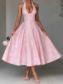 Women Jacquard Halter Dress Elegant Low Cut Sleeveless Open Back A-Line Long Dress For Evening Party Club - Hồng - Xem 3