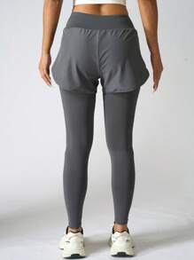 1pc 2 In 1 Style Elastic Long Sport Pants With Dual Side Pockets For Women, Running Fitness