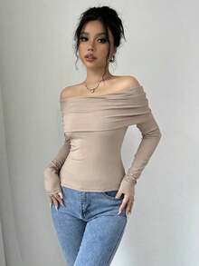 Women's Elegant Off Shoulder Ruffle Long Sleeve Solid Color Blouse - Albaricoque - Ver 4