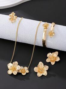 1 套优雅花卉主题女士手链、戒指、项链和耳环首饰，情侣度假风格礼物（无礼盒） - 金黃色 - 查看 5