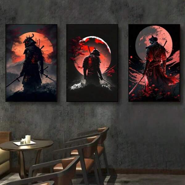 3 peças de pintura de parede com guerreiro místico em fundo de lua vermelha e montanha, sem moldura