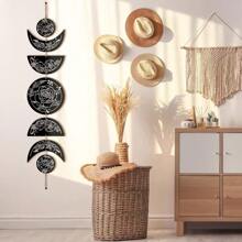BBTO Boho Wall Decoration Moon Phases Wall Art Stars Moon Decoration Minimalist Room Wooden Gothic Witchy Door Pediments Hanging Sign Black White