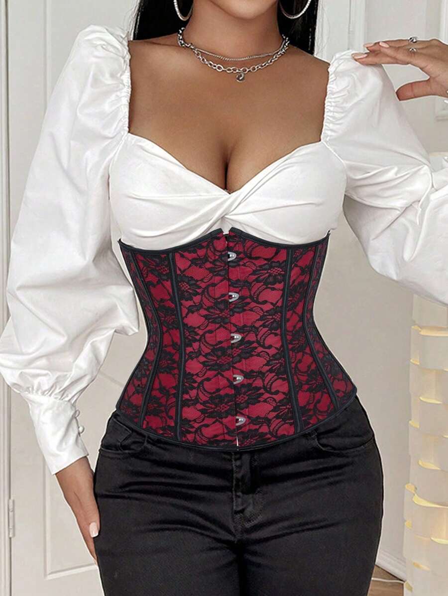 Women Corsets Sexy Waist Trainer Gothic Satin Cincher Jacquard Underbust Top Short Steel Boned Girdles Vintage Lace-Up Corset Tops Halloween Party Tops Slimming Shaper Lingerie For Christmas