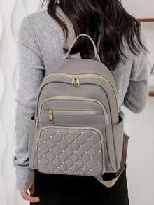女士新款水钻格纹大容量旅行休闲牛津背包 - 卡其色 - 查看 3