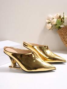 女士不对称高跟鞋，时尚 PU 皮革闪亮派对、婚礼、节日、办公室和户外服装，春秋季 - 金色 - 查看 7