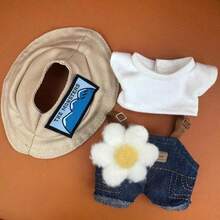 1pc Doll Outfit [Hat + White T-Shirt + Bib Pants], Universal Party Outfit Cute Denim Pants Leather Jacket Fashionable Accessories - Multicolor - View 6