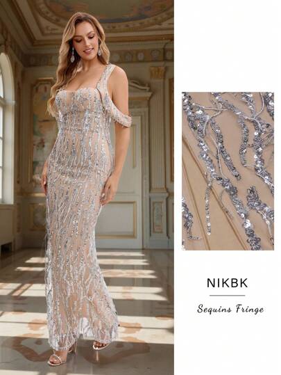 NIKBK Silver Sequins Fringe Mermaid Gown - Square Neck With Cold - Shoulder Cutout Sleeves, All - Over Sparkling Sequins & Dripping Fringe Embellishment On Sheer Mesh, Bodycon Fit With Floor - Sweeping Hem | Glamorous Formal Dress For Evening Galas, Prom Nights, Black - Tie Ceremonies & Wedding Receptions