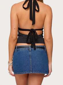 Women's Summer Sleeveless Backless Polka Dot Top Deep V Halter Neck Tie Front Bandeau For Club Beach