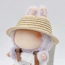 1 Piece Of Hollow Hat, Natural Straw Material, Round Hollow Ear Hole Design, Removable Doll Headdress For Labubu Sitting Series Doll Hat, Suitable For Toy Decoration, Party, Collection Display, Desktop Scene Layout - Multicolor - View 5