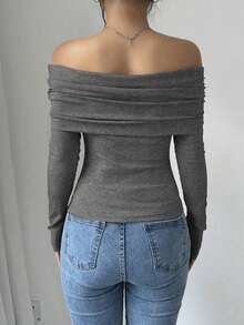 Women's Elegant Off Shoulder Ruffle Long Sleeve Solid Color Blouse - 灰色 - 查看 2