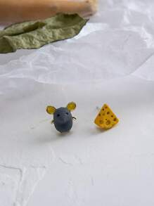 1 Pair Asymmetric Yellow Mouse Cheese Themed Funny Cartoon Stud Earrings, Gift