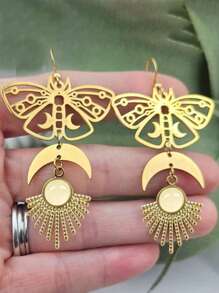 2 piezas Pendientes con colgante de forma de luna calada de piedra natural exquisita, pendientes con colgante de estilo bohemio de metal dorado para mujeres, adecuados para salidas, fiestas, reuniones, a juego con ropa diaria