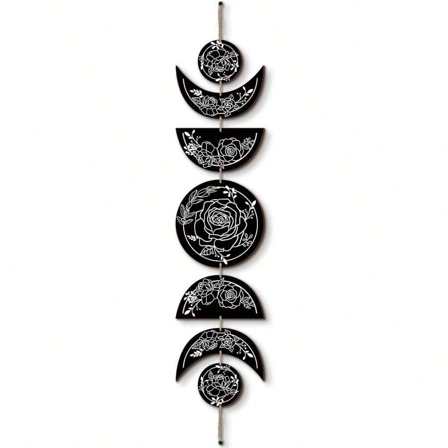 BBTO Boho Wall Decoration Moon Phases Wall Art Stars Moon Decoration Minimalist Room Wooden Gothic Witchy Door Pediments Hanging Sign Black White
