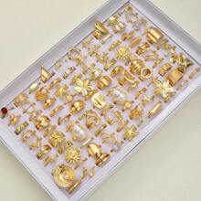 15pcs/Set Flower, Gemstone, Pearl, Star, Wrinkle, Teardrop, Glossy Textured Wide Chunky Rings, Fashion, Elegant, Vintage, Cute Design, Suitable For Holidays, Parties, Dates, Gifts, Daily Wear (Random Delivery)