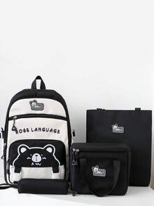 返校4件套新款尼龙材质可爱卡通熊字母印花背包、手提包、午餐包、铅笔袋，多功能设计，拉链开合，时尚休闲，简约甜美，日常户外、旅行度假百搭 - 黑色 - 查看 1
