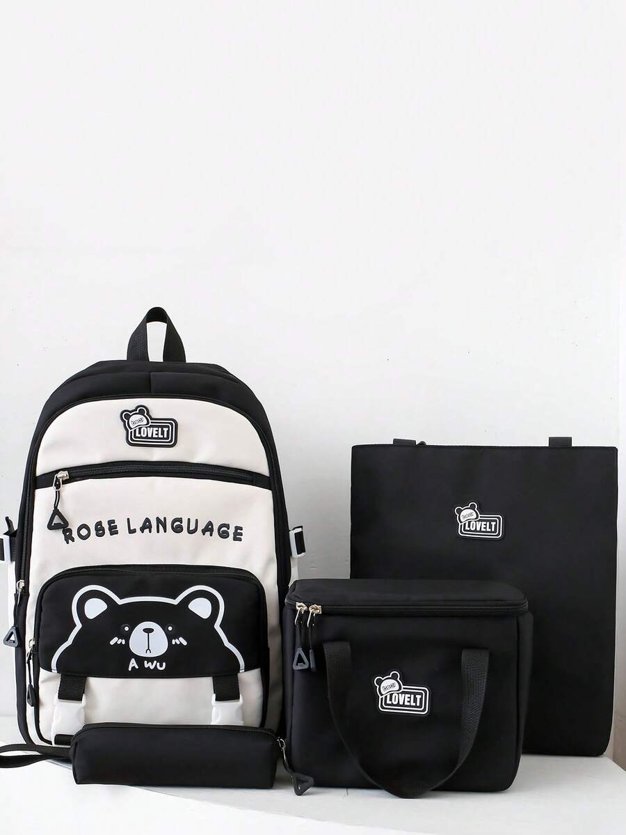 返校4件套新款尼龙材质可爱卡通熊字母印花背包、手提包、午餐包、铅笔袋，多功能设计，拉链开合，时尚休闲，简约甜美，日常户外、旅行度假百搭 - 黑色 - 查看 1