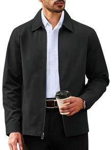 Men's Cotton Full Zip Up Work Jackets Turndown Collar Business Casual Windbreaker With 3 PocketsChristmas O5SK - 黑色 - 查看 1