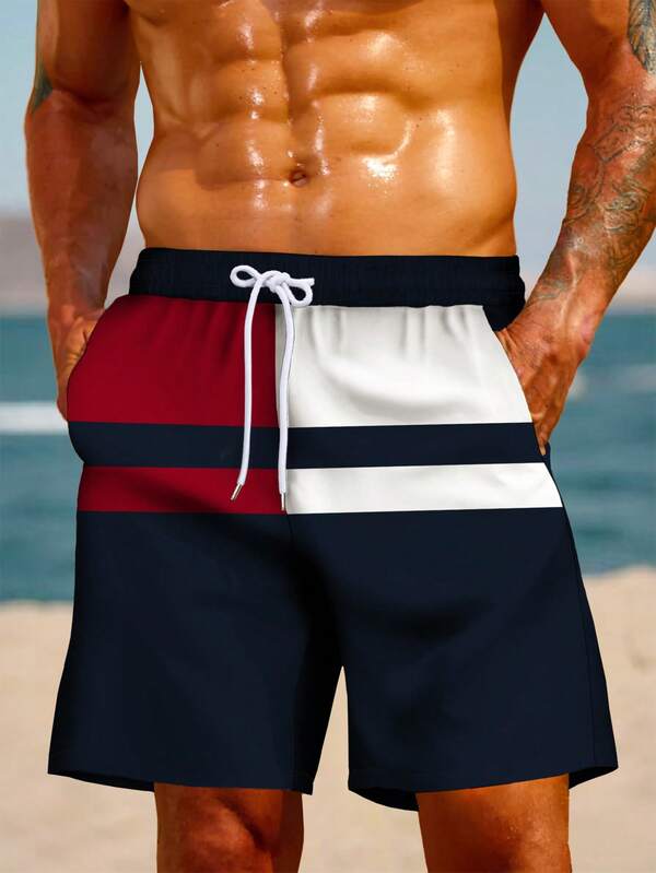 Pantalones cortos de verano para hombre talla grande con estampado, cintura con cordón, bolsillo en diagonal, estilo hawaiano de secado rápido de una sola capa sin forro, shorts de playa de moda casual con estampado artístico 3D a color contrastante