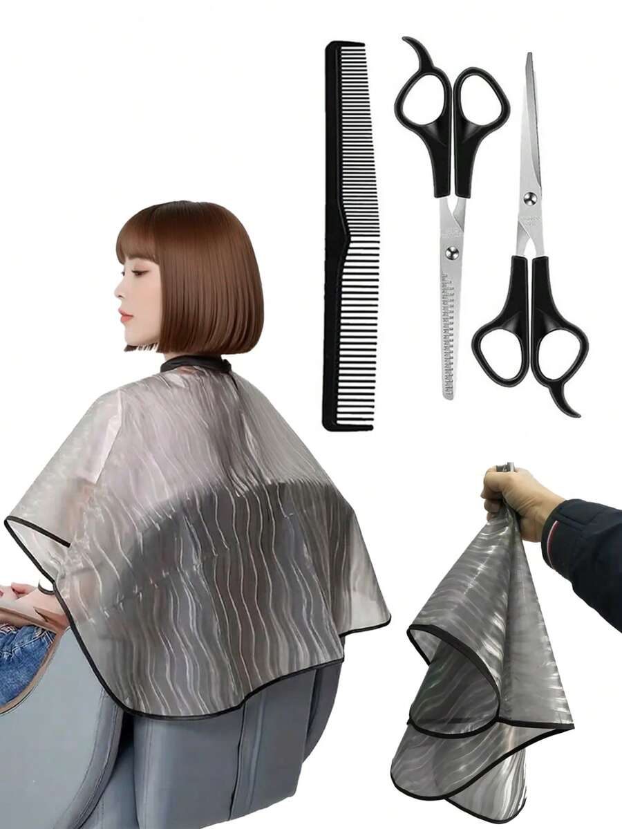 4 件套染发披肩套装（防水加厚/不粘）+ 理发剪刀套装，沙龙和家庭使用，不锈钢，适用于宠物和成人，易于使用，返校、旅行度假必备品，女士发饰