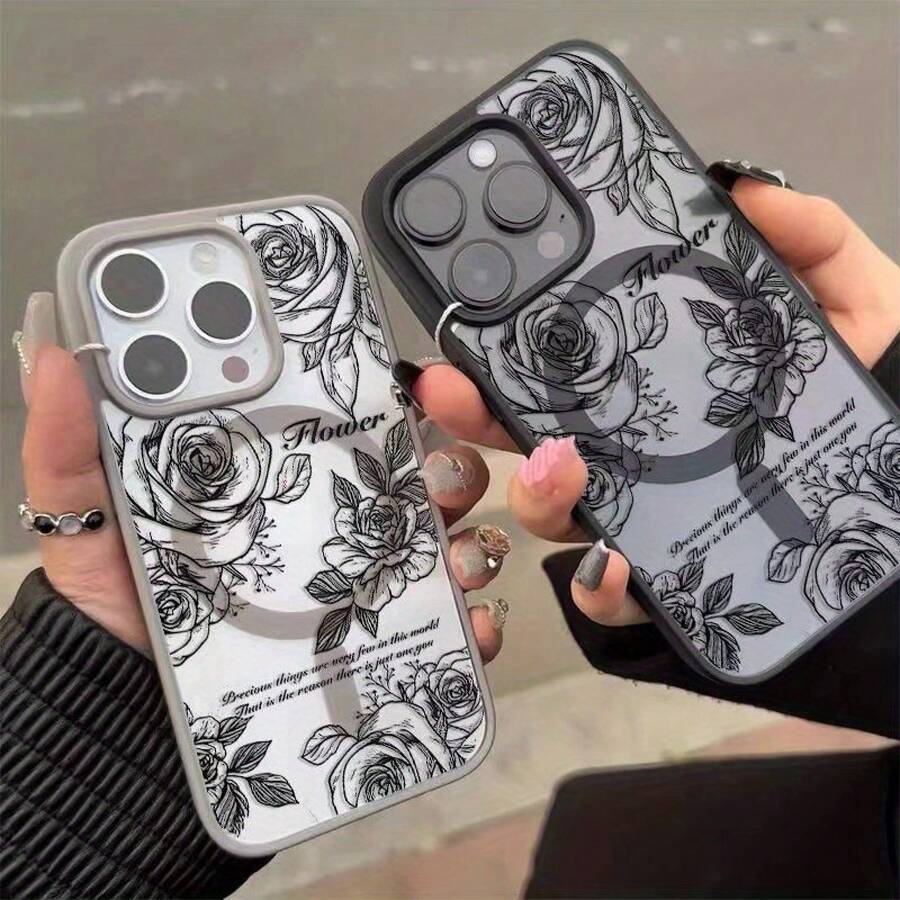 Funda para iPhone 16, 15 Pro Max, 14, 13, 12, 11 Pro Max Plus, con diseño floral, carcasa suave ultra transparente y imanes integrados, protectora - Gris Claro - Ver 1