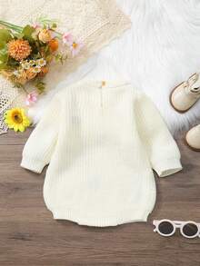 Newborn Knitted Cute Floral Embroidered Bodysuit - White - View 6