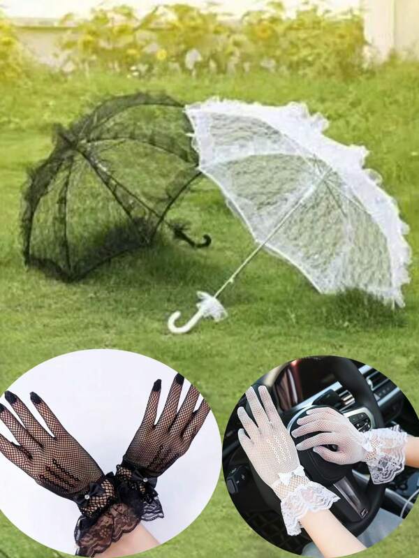 1/2/3Pcs Lace Photo Umbrella & Gloves Set For Dance Performance, Wedding, Party, Photoshoot – Elegant Vintage Props