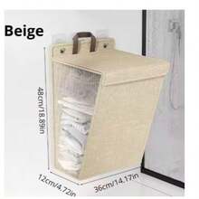 1pc Foldable Adhesive Laundry Basket Hamper, Multifunctional Punch Free Wall Hanging Washing Clothes Mesh Hook Organizer - 米色 - 查看 2