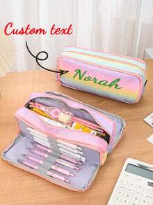 Custom Girls' Pencil Case, Embroidered Large Capacity Pencil Pouch With 3 Compartments, Zipper Pencil Bag With Handle, Ladies Soft Pencil Box, Suitable For Office And School