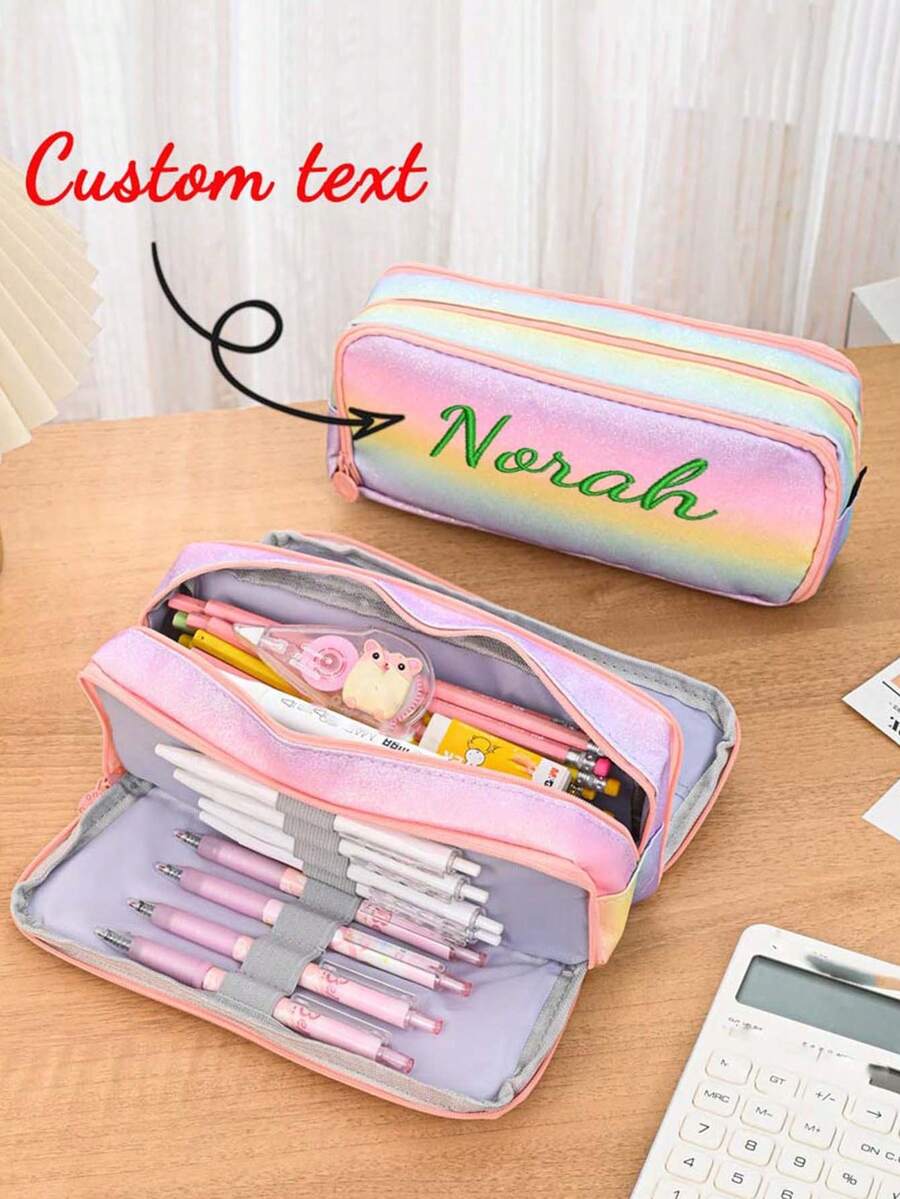 Custom Girls' Pencil Case, Embroidered Large Capacity Pencil Pouch With 3 Compartments, Zipper Pencil Bag With Handle, Ladies Soft Pencil Box, Suitable For Office And School
