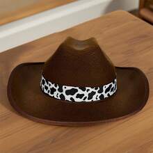 Western Cowgirl Hat For Kids Girl Boy Wide Brim Felt Vintage Fedora Cap With Cow Print Decorative Band - 巧克力棕 - 查看 5