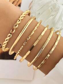 Set de 6 pulseras elegantes y de moda con diseño geométrico de múltiples capas suaves para uso diario de mujeres - Dorado - Ver 1