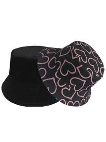 1pc Sweet Heart Print Reversible Bucket Hat, Women Fashion Versatile Sun Hat For Daily Wear And Valentine's Day