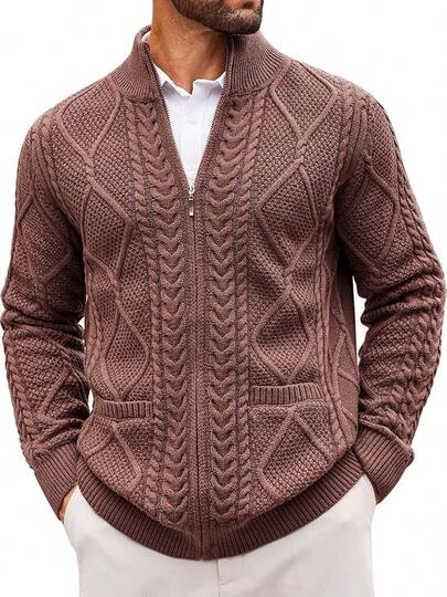 Suéter de cuello alto con cremallera de punto grueso para hombres, cárdigan de cable acanalado de invierno, cálido y casual