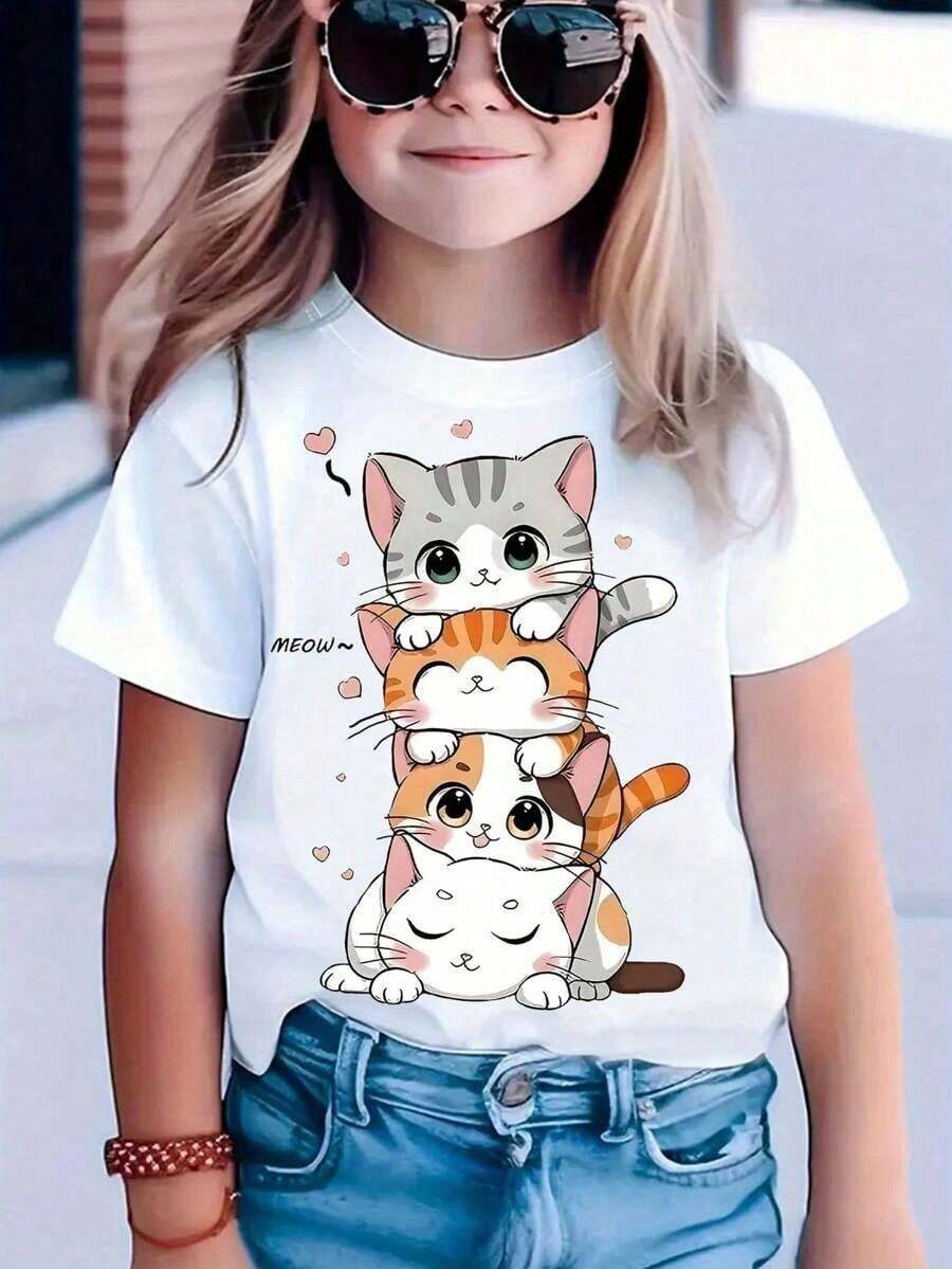 Camiseta Blusinha Infantil Menina 4 gatos empilhados De Manga Curta Infantil Para Meninas  Casual Verão Básica Com Estampa Personalizada De Gatinhos Fofos - Branco - Visão 1