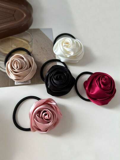 1个/5个装缎面复古手工玫瑰花发圈，优雅迷人的发绳发带，适合波西米亚风日常佩戴和圣诞节装饰