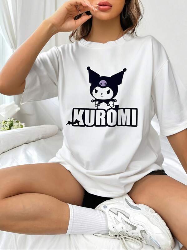 Sanrio Sanrio Kuromi Cartoon Print Lounge T-Shirt For Women, White Loose Short Sleeve Top, Versatile Summer Couple/Bestie Home Outfit, Birthday, Valentine's Day, Christmas, Easter, Thanksgiving, Halloween Gift ,Vacation