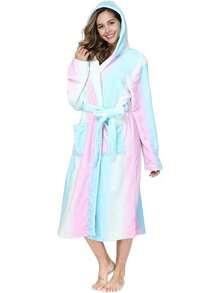 Womens Robes Plush Fleece Hooded Bathrobe Thick Nightgown With Pockets Fluffy Sleepwear - Wheat - 查看 10